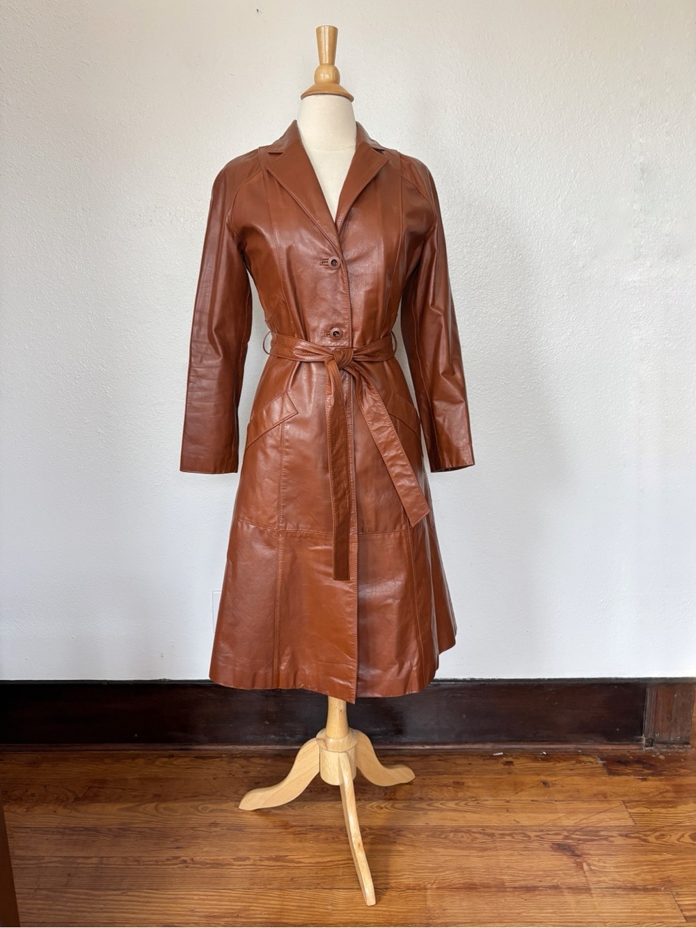 VTG 70s Casablanca Cognac Leather Trench Coat Fit & Flare Size 7/8